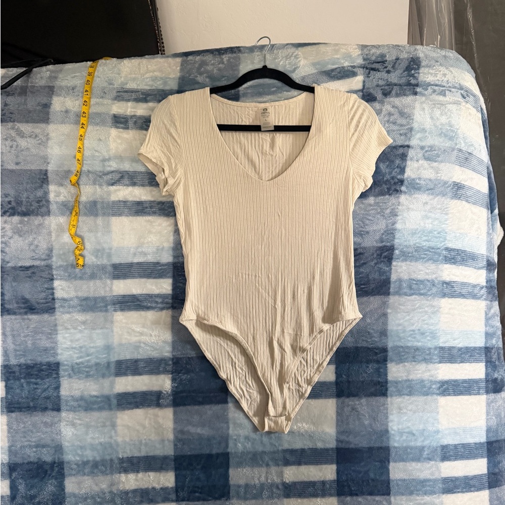 Mono B white cream Ribbed V-Neck Short Sleeve Bodysuit